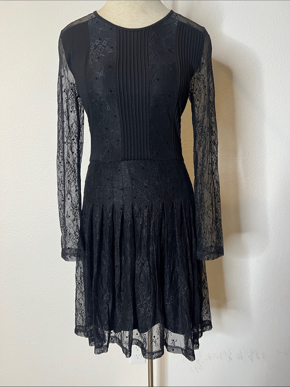 French Connection Black Lace Long-Sleeve Pleated Dress